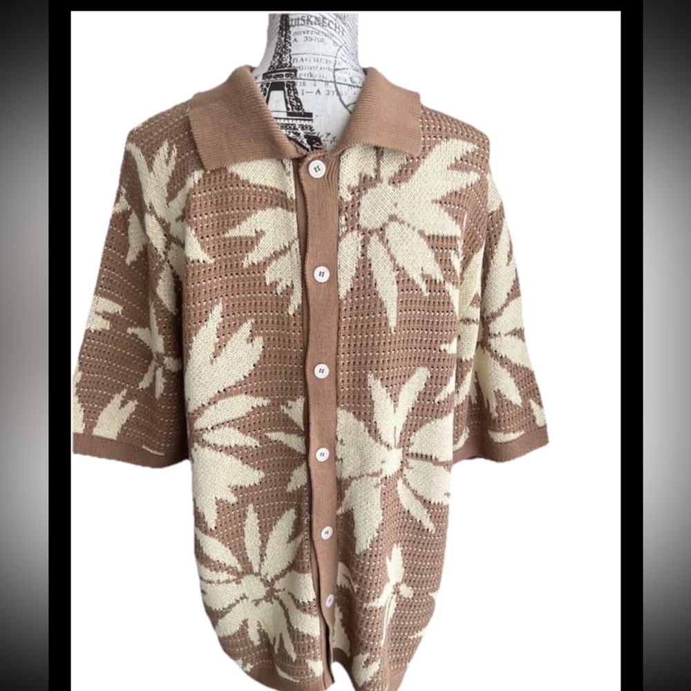 Massive Luxury Knit Crochet Polo Shirt Tropical Leaf Button Front Men’s Large